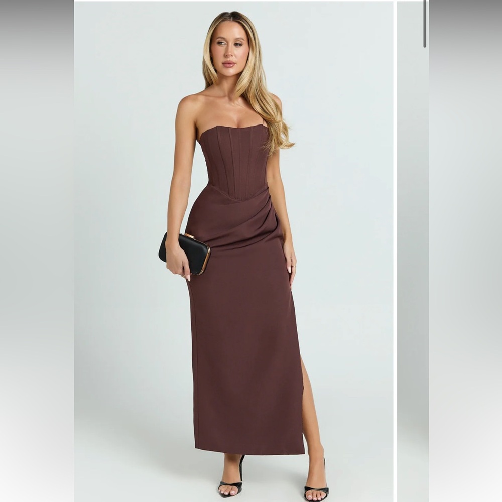 Strapless Chocolate Brown Corset Maxi Dress. Wedding Guest Dress